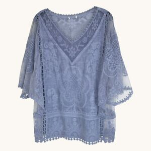 Blue Sheer Lace Tunic Top Boho Flowy V Neck Overlay